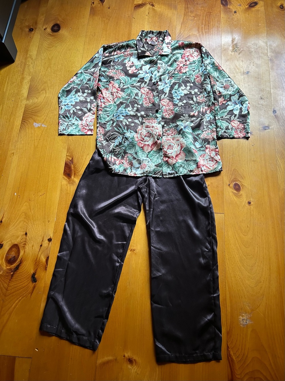 Floral Satin Pajama Set - Floral Top with Brown Satin Pants